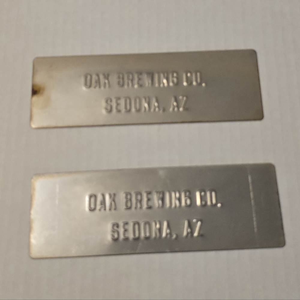 Oak Brewing Co. Sedona AZ LOT of 2 Arizona Flat Metal Name Plates 6" X 2"